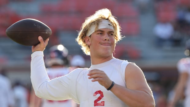 Oct 21, 2023; Auburn, Alabama, USA; Mississippi Rebels quarterback Jaxson Dart (2) warms up before a game against the Auburn Tigers at Jordan-Hare Stadium. Mandatory Credit: John Reed-USA TODAY Sports